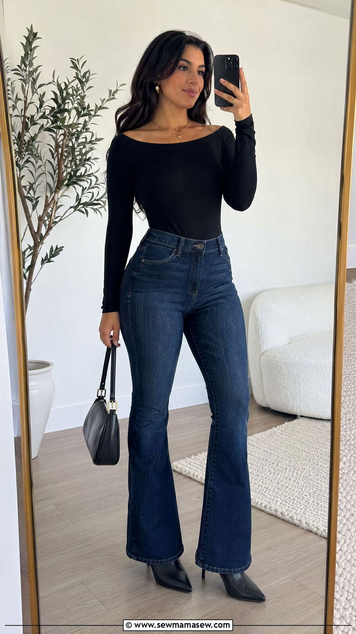 Boat neck bodysuit and flare jeans concert outfit - 35 Concert outfits for pear shape