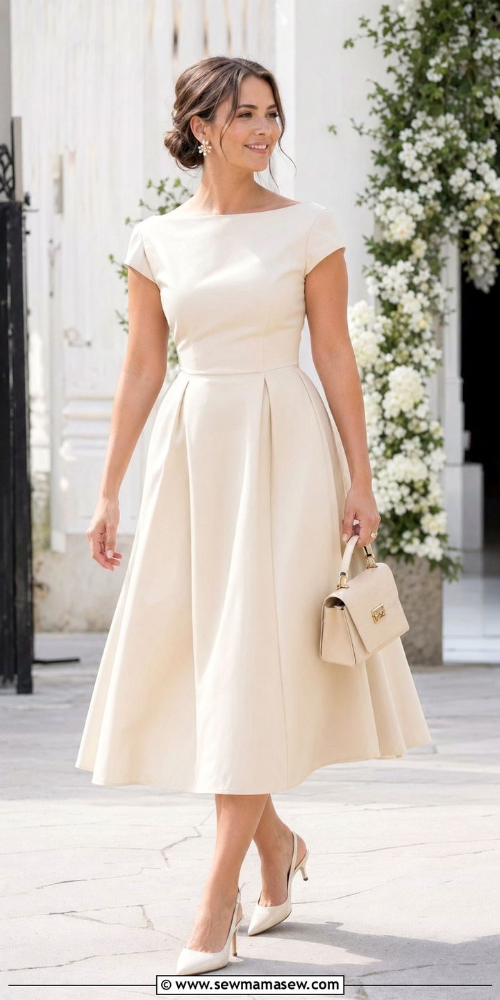 Boat neck tea length dress with slingback heels - 30 wedding guest outfits for pear shaped body