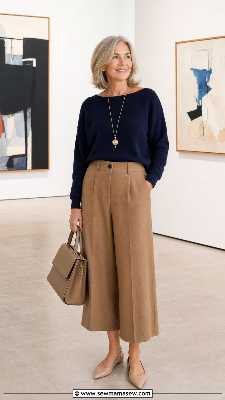 Boatneck Sweater and Wool Culottes - 35 Old money outfits for women over 50