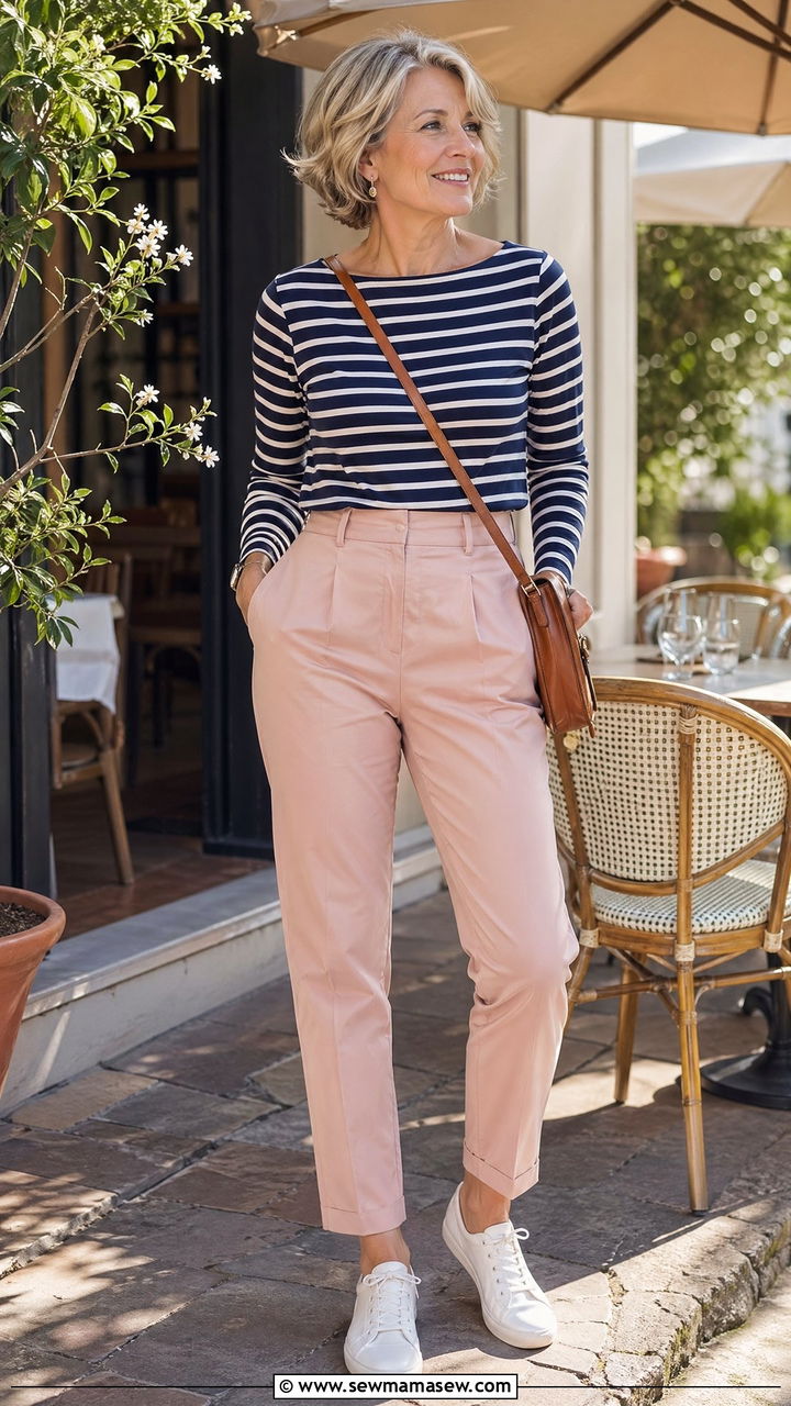 Boatneck Top with High Waisted Chinos and Canvas Sneakers - 35 Spring capsule wardrobe for women over 50