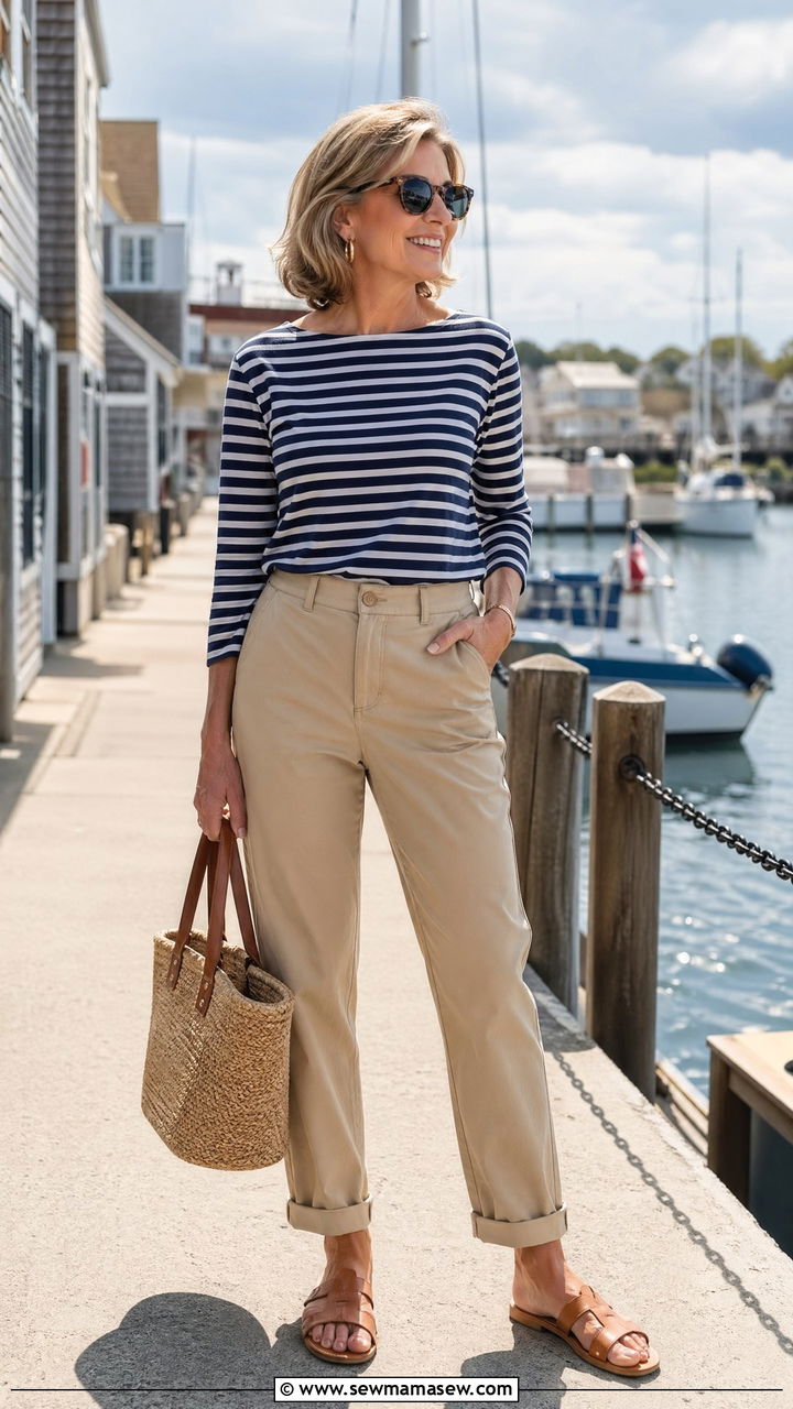 Boatneck Top with High Waisted Chinos - 35 spring outfit ideas for women over 50