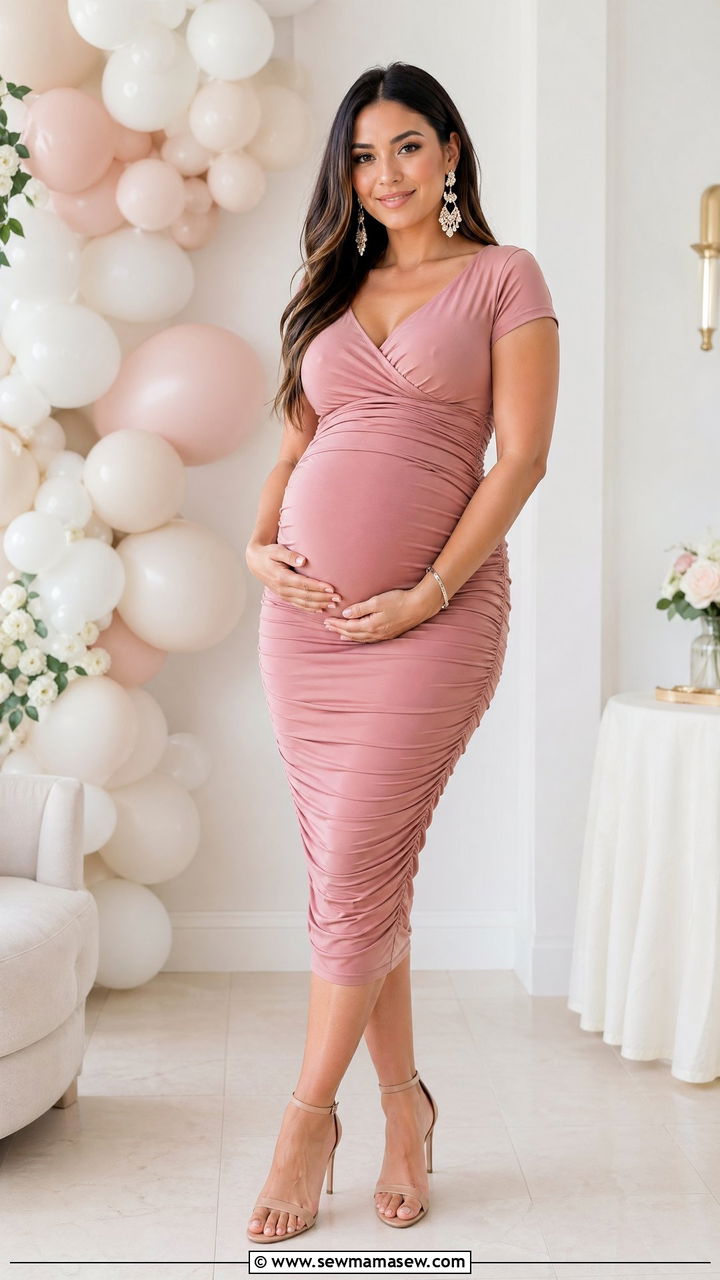 Bodycon Maternity Dress with Heeled Sandals - 35 cute baby shower outfits