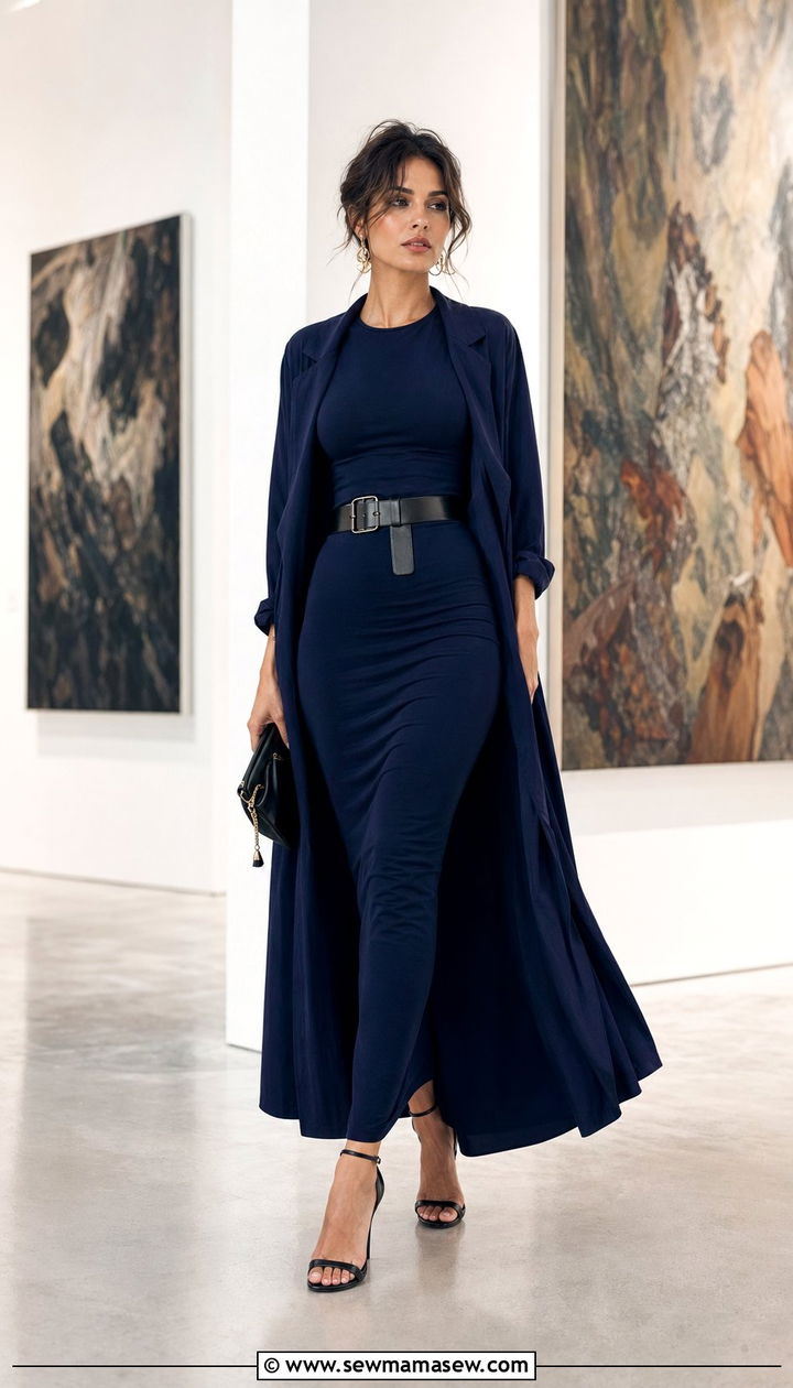 Bodycon Maxi Dress With a Waist Defining Belt Heels and a Duster Coat - 30 Bodycon dress outfit ideas with a belt