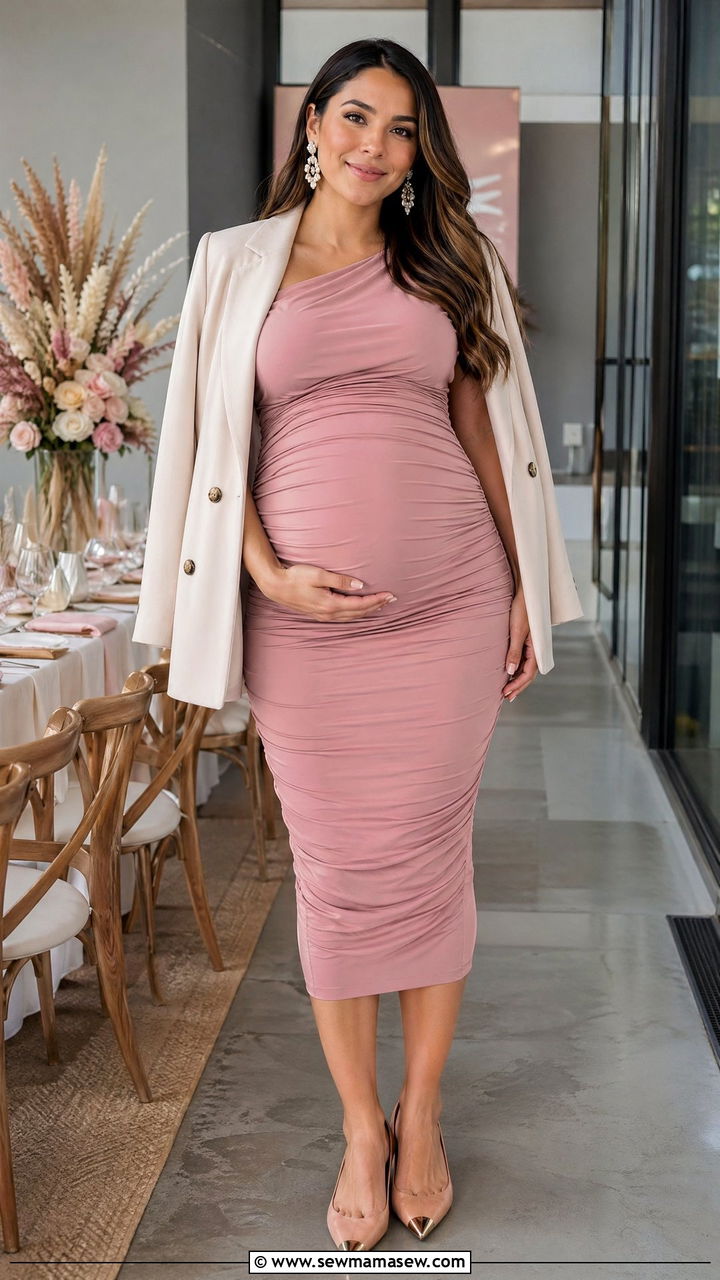 Bodycon Midi Dress Maternity Baby Shower Look - 35 spring baby shower outfit ideas