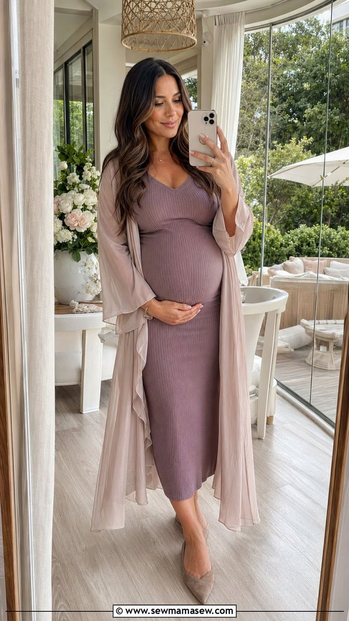 Bodycon Ribbed Knit Midi Dress with a Longline Duster - 30 Baby shower outfits for mom to be
