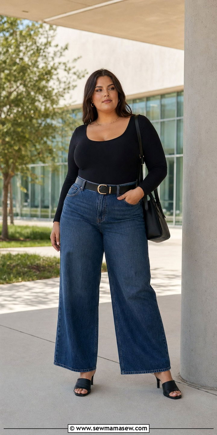 Bodysuit With High Waisted Jeans And Statement Belt - 30 Back to school outfit ideas plus size college