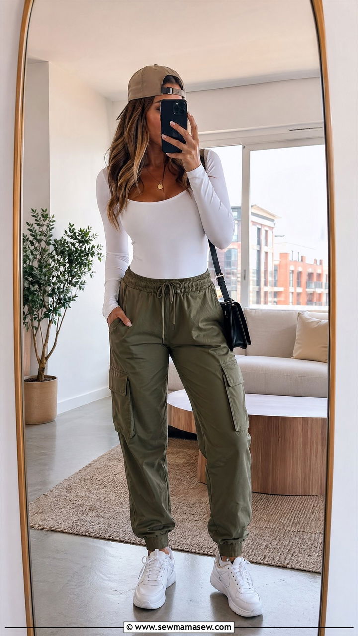 Bodysuit with Cargo Joggers and Baseball Cap - 35 sporty chic outfits for women
