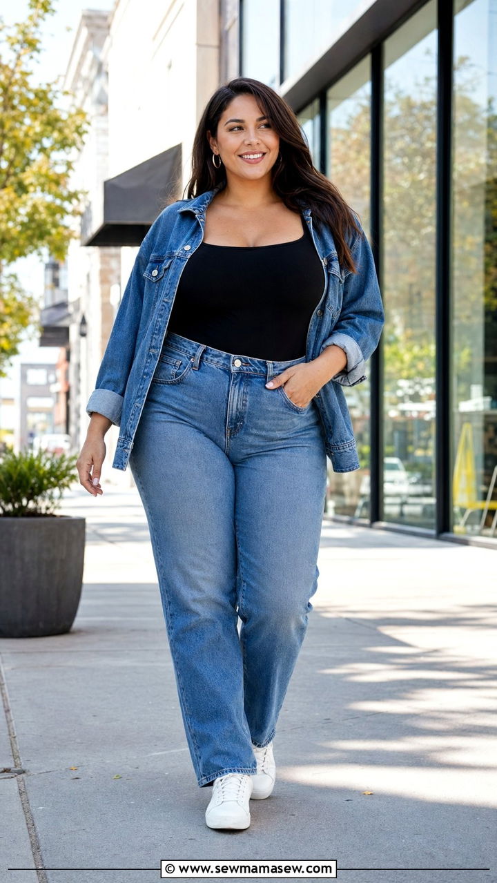 Bodysuit with High Waisted Jeans and Sneakers Outfit - 30 Best tops for plus size
