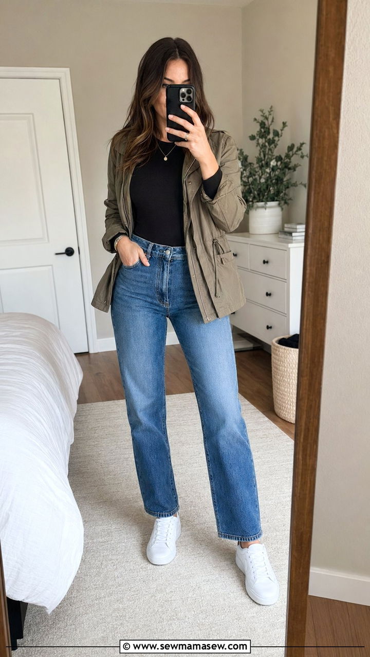 Bodysuit with straight leg jeans and a lightweight jacket - 30 windy day outfits inspo