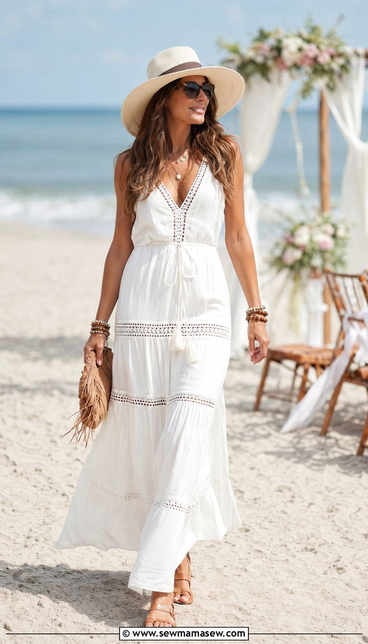 Bohemian crochet trim maxi dress with flat sandals - 30 wedding guest outfits for pear shaped body