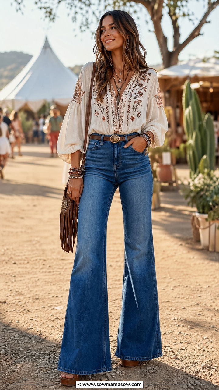 Boho Blouse With Flare Jeans - 35 Spring outfits for busy moms