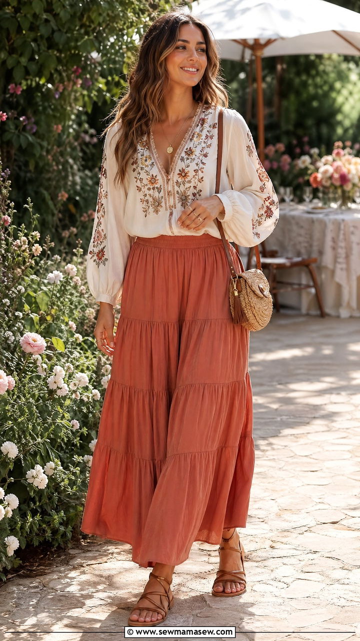 Boho Blouse With Tiered Maxi Skirt - 35 Skirt outfit ideas for women over 40