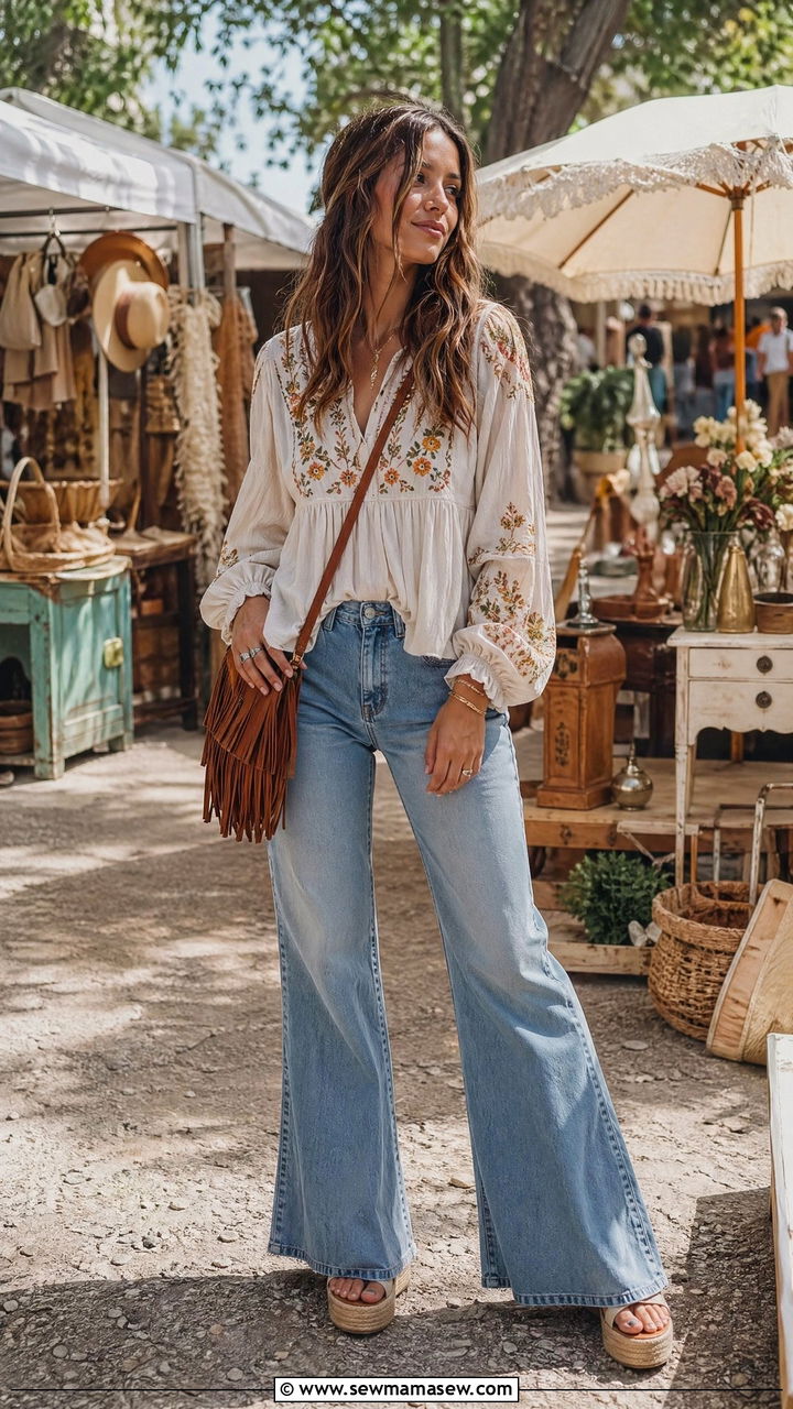 Boho Blouse with Flare Jeans Outfit - 35 Spring mom outfit ideas