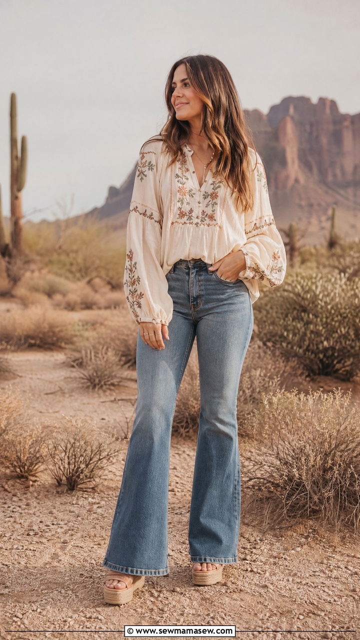 Boho Blouse with Flare Jeans and Platform Sandals - 35 Spring outfit ideas for mom
