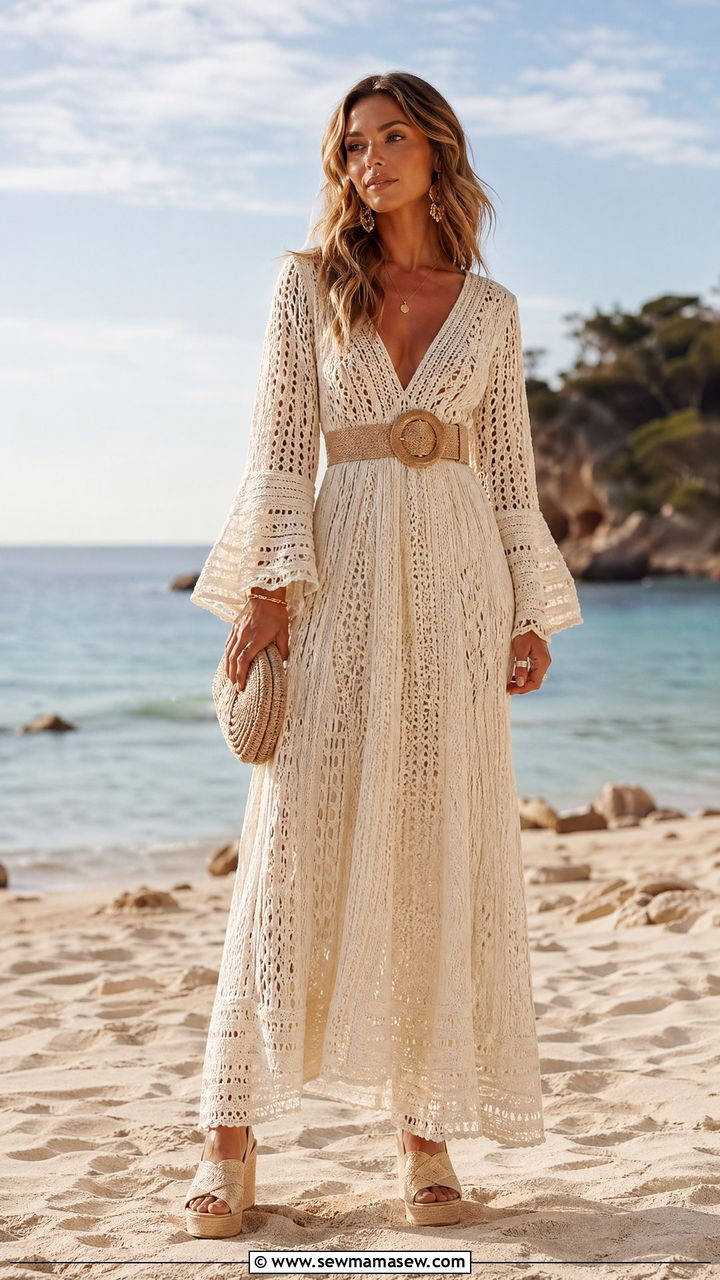 Boho Crochet Maxi Dress for Beach Wedding - 35 chic wedding guest outfits for women