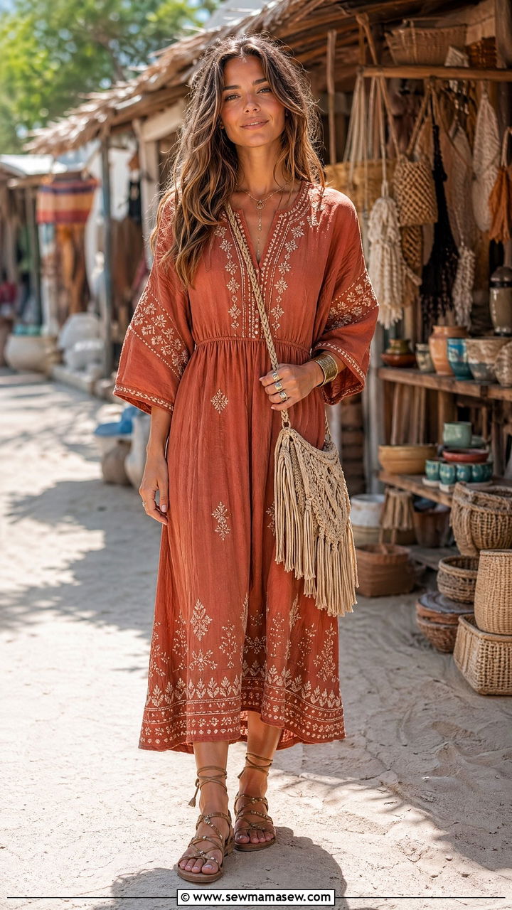 Boho Embroidered Dress With Flat Sandals for Bahamas - 40 What to wear in Bahamas