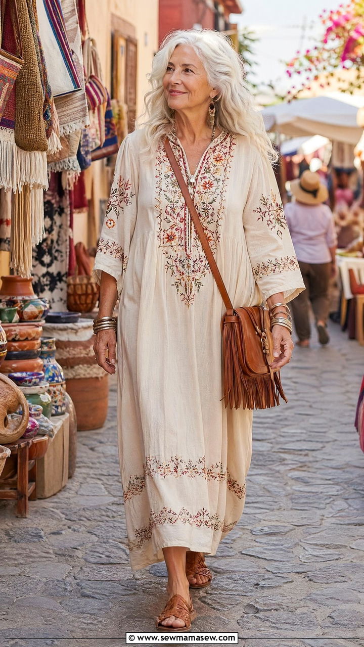 Boho Embroidered Maxi Dress With Sandals - 35 Vacation outfit ideas for women over 60