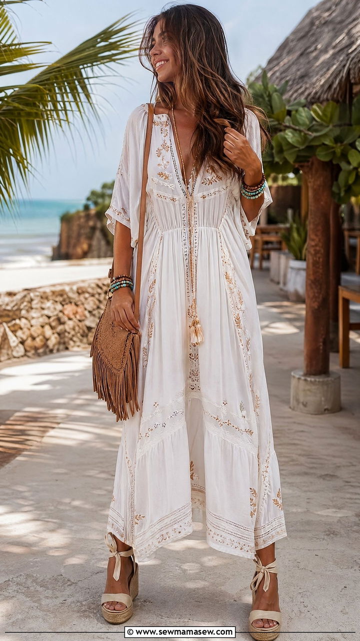 Boho Embroidered Maxi Dress With Wedge Espadrilles Summer Outfit - 35 summer elegant outfit ideas