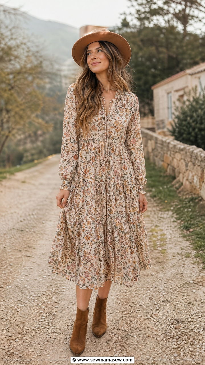 Boho Floral Dress With Ankle Boots - 35 spring chic outfit ideas