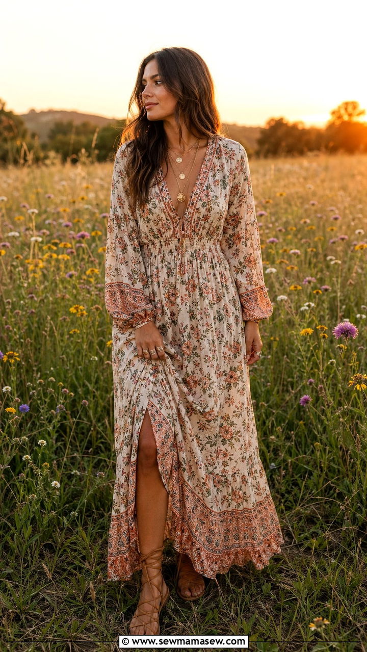 Boho Floral Maxi Dress With Layered Jewelry - 30 Spring flower field photoshoot outfits