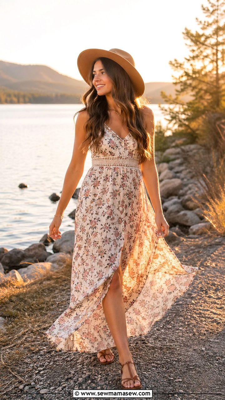 Boho Floral Maxi Dress with Wide Brim Hat and Sandals - 30 Senior portrait outfit ideas 2026