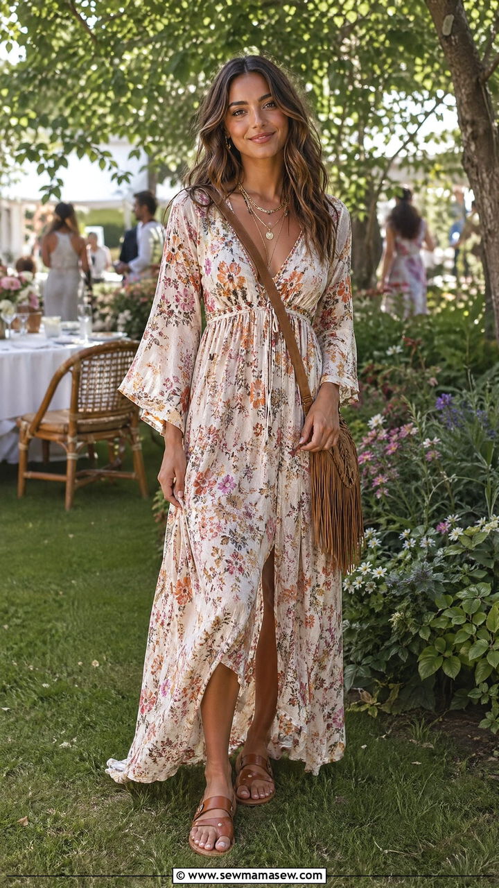 Boho Floral Maxi with Layered Necklaces - 35 Spring garden party outfit ideas