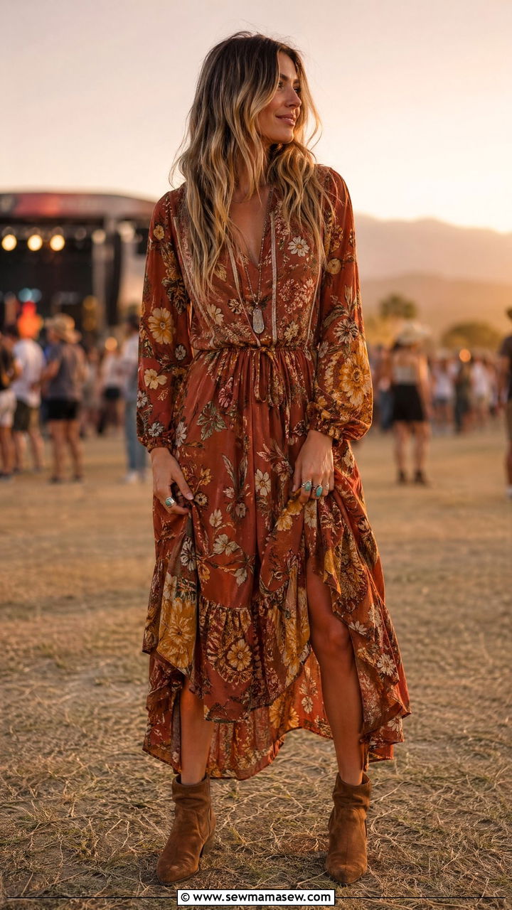 Boho Floral Midi Dress With Ankle Boots - 35 Summer outfits with midi dresses