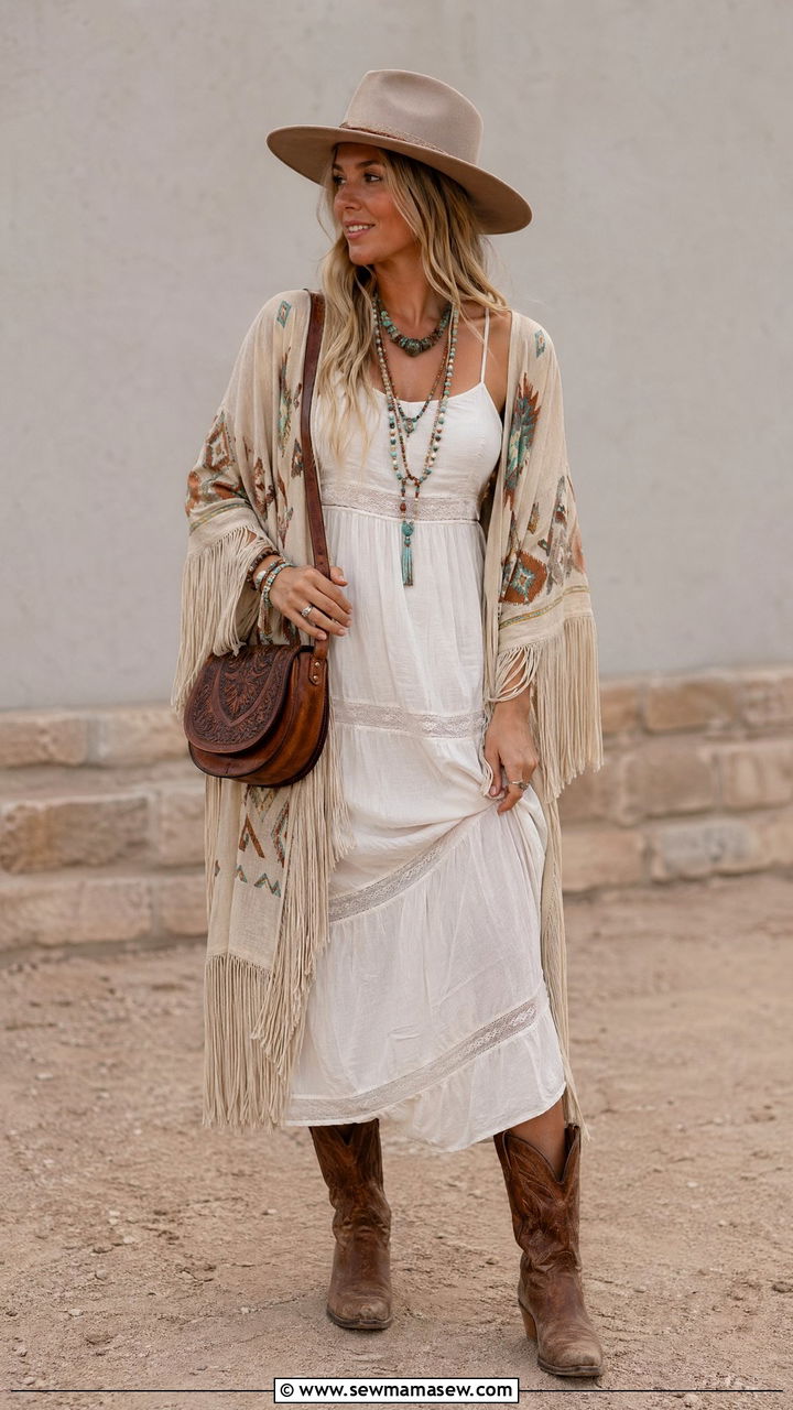 Boho Kimono With White Maxi Dress - 35 western outfit ideas for women