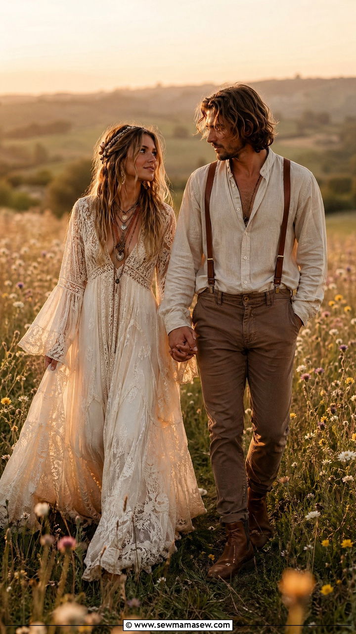 Boho Lace Dress and Suspenders Field Couple Outfit - 35 Couples photoshoot outfit ideas