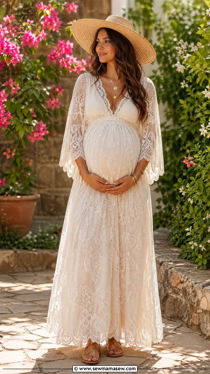 Boho Lace Maxi Dress With Flat Sandals - 35 Summer baby shower outfits