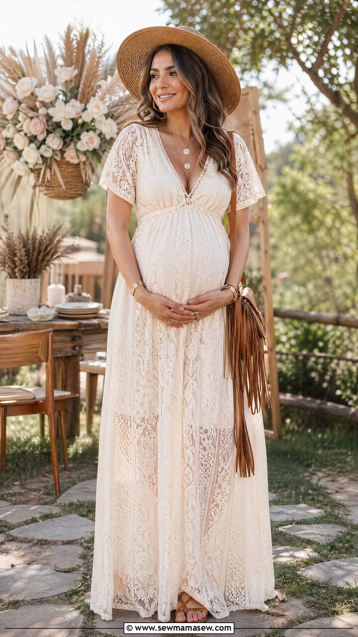 Boho Lace Maxi Dress with Woven Accessories - 35 cute baby shower outfits