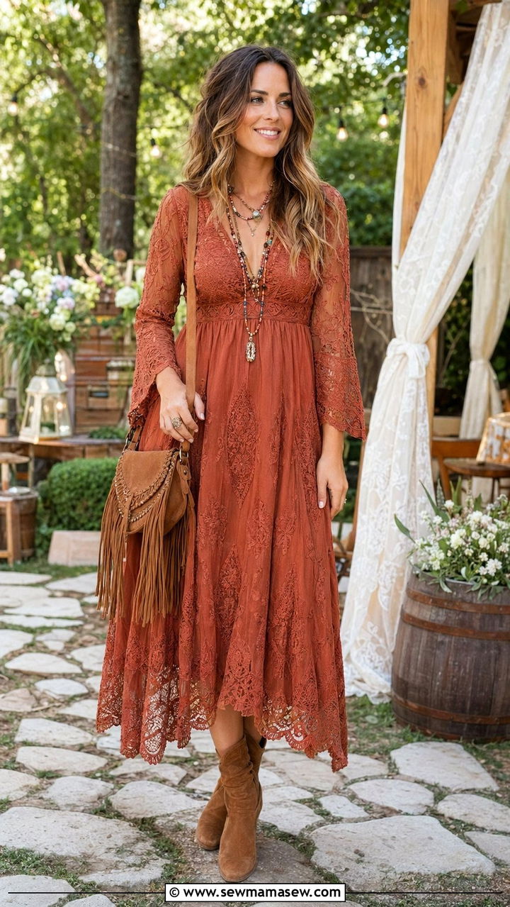 Boho Lace Midi Dress with Ankle Boots - 30 Backyard wedding guest outfits