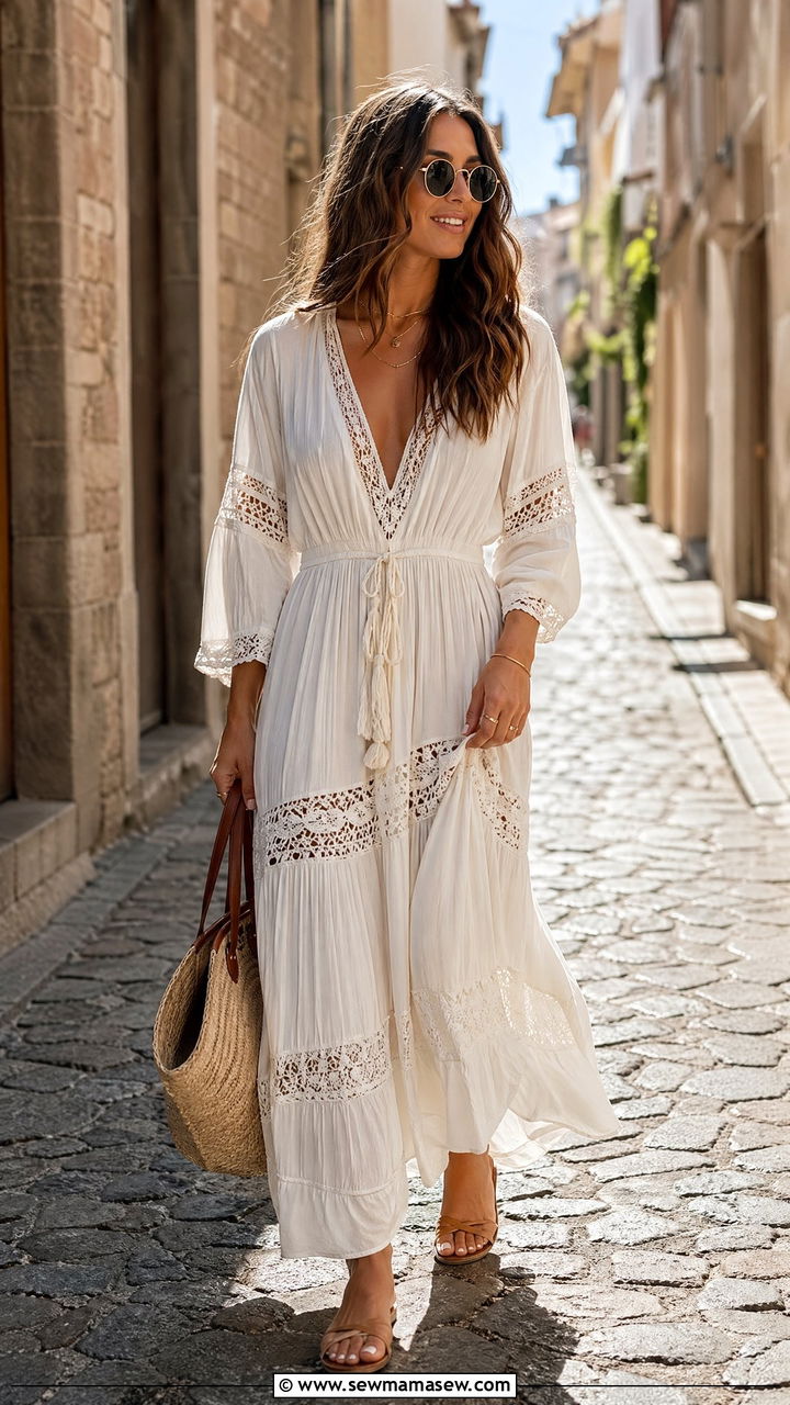 Boho Maxi Dress Flat Sandals And Woven Tote Bag - 35 spring street style outfit ideas