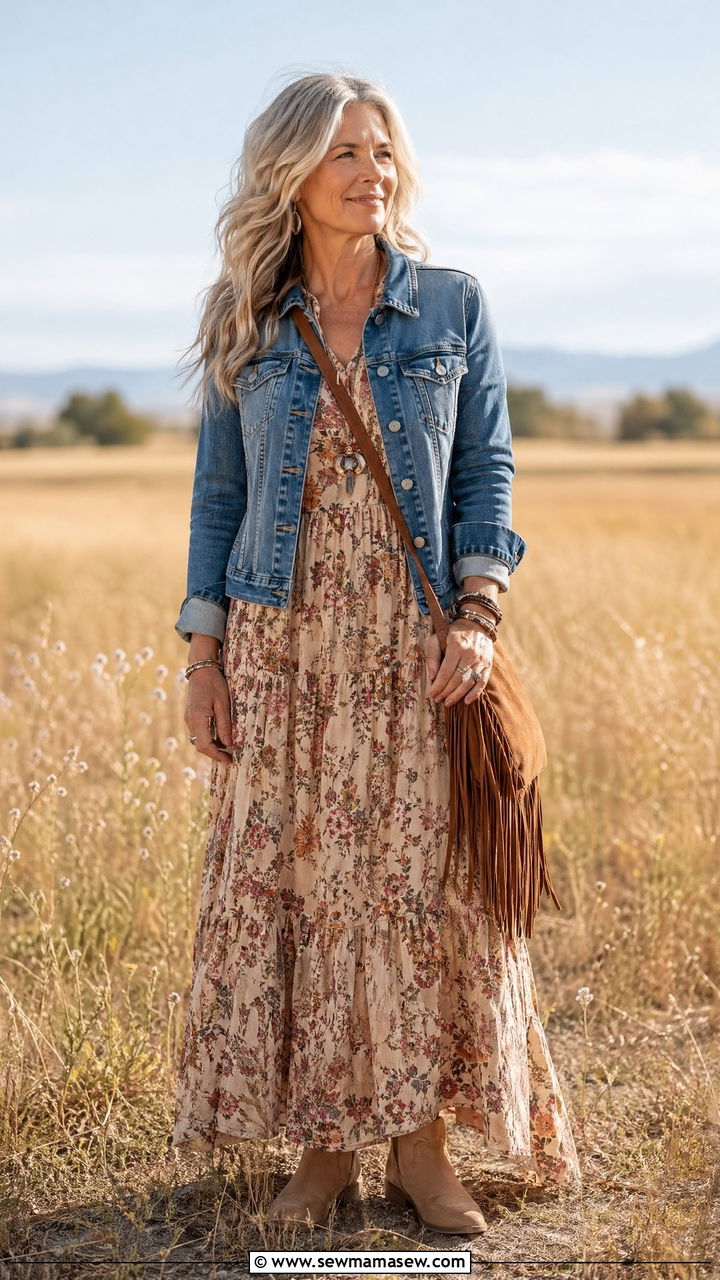 Boho Maxi Dress With A Fitted Jean Jacket Outfit For Women Over 50 - 35 Casual outfits for women over 50