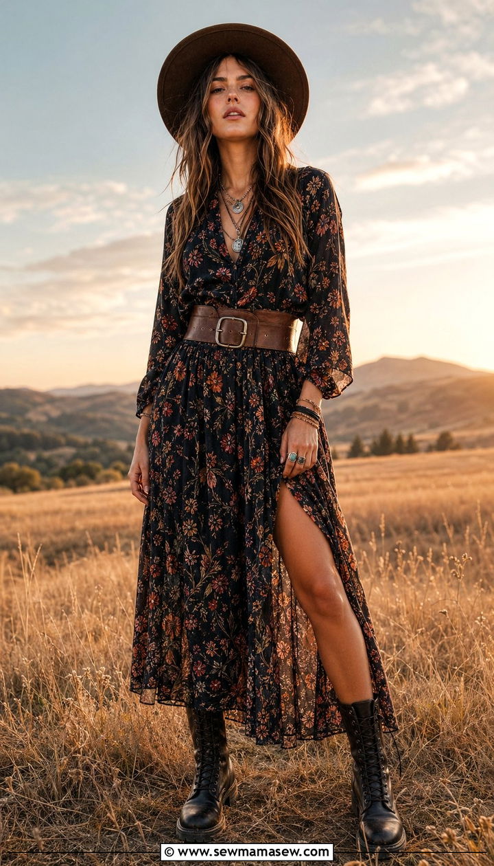 Boho Maxi Dress With Combat Boots Outfit - 35 music festival outfit ideas for women