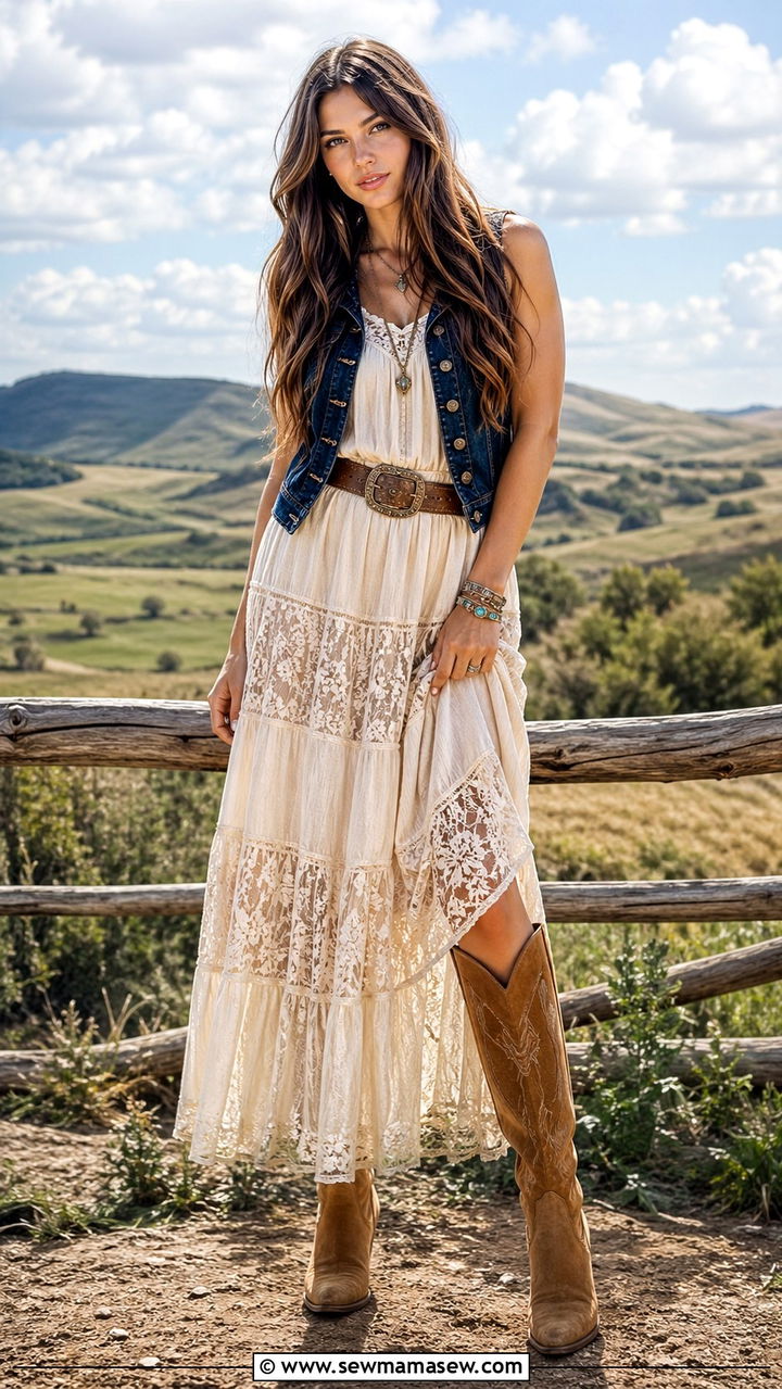 Boho Maxi Dress With Denim Vest - 30 Spring boho outfits 2026
