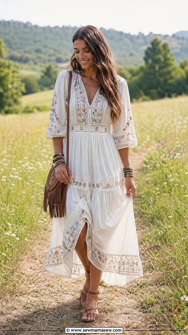 Boho Maxi Dress With Flat Sandals - 35 What to wear for a summer picnic