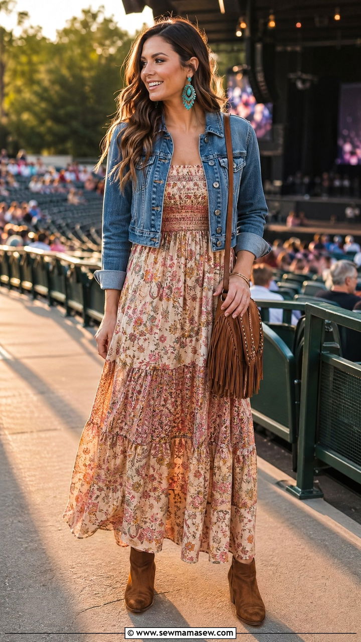 Boho Maxi Dress and Denim Jacket Outfit - 35 Country music concert outfit ideas