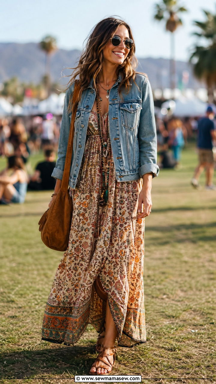 Boho Maxi Dress and Denim Jacket Outfit - 35 spring outfit ideas casual