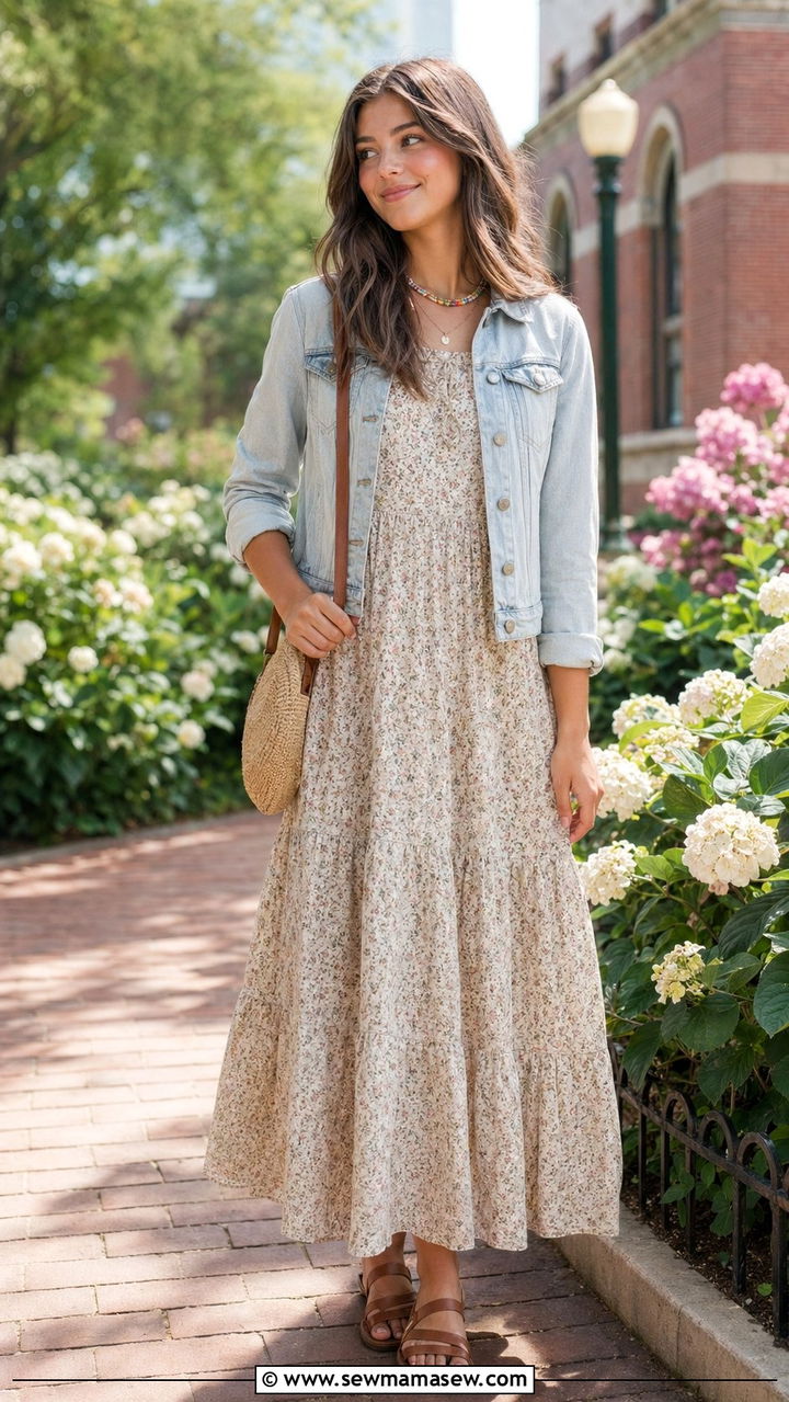 Boho Maxi Dress and Denim Jacket Outfit - 30 Back to school outfit ideas aesthetic 2026
