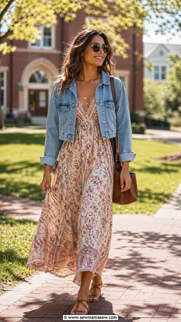 Boho Maxi Dress and Denim Jacket - 35 Spring outfits for college