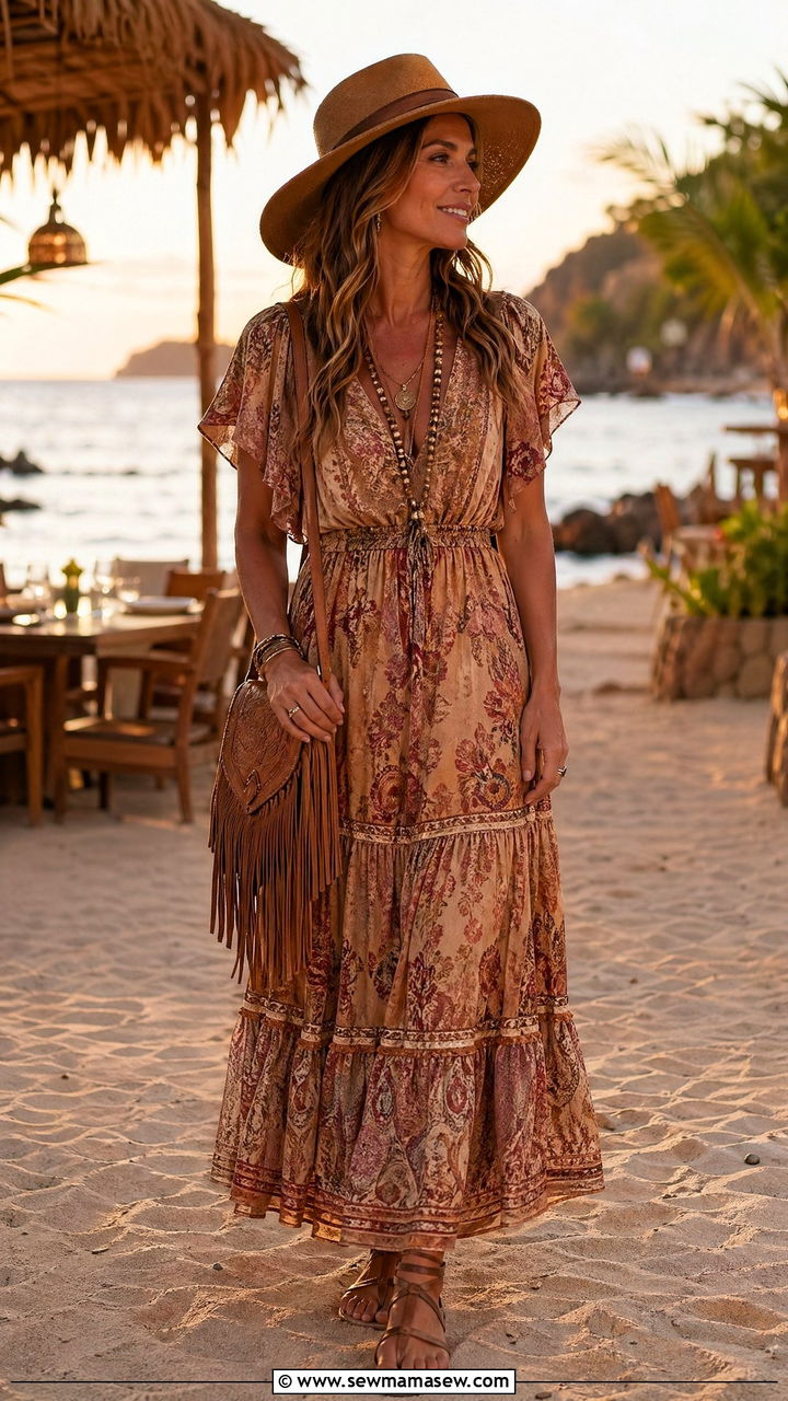Boho Maxi Dress and Gladiator Sandals - 35 Summer capsule wardrobe for moms