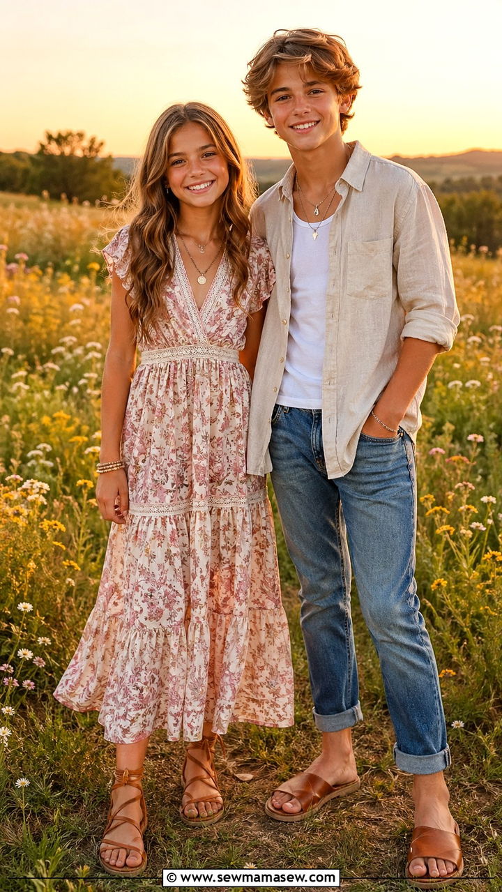 Boho Maxi Dress and Linen Shirt Sibling Coordination - 30 Sibling photoshoot outfit ideas