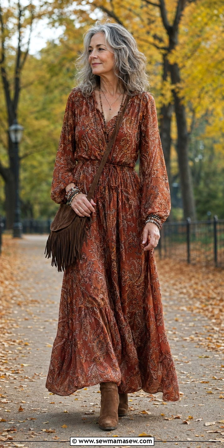 Boho Maxi Dress with Ankle Boots - 30 Best dresses for women over 60