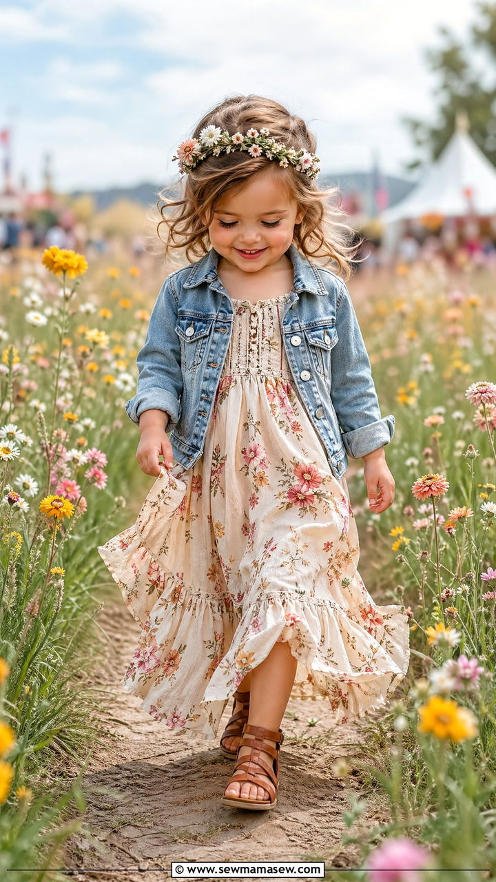 Boho Maxi Dress with Denim Jacket and Sandals - 35 Spring outfits for toddlers