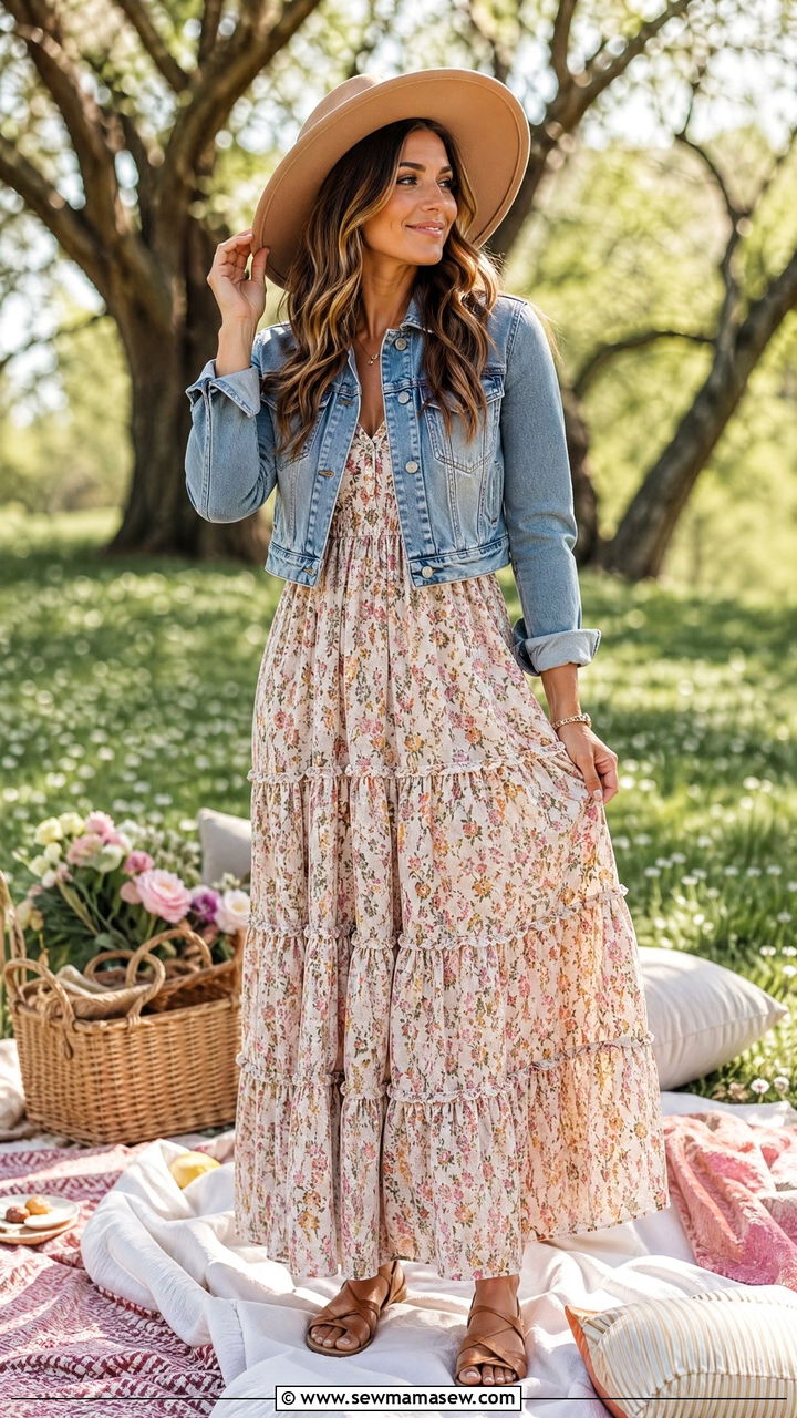 Boho Maxi Dress with Denim Jacket - 35 Spring picnic outfit ideas