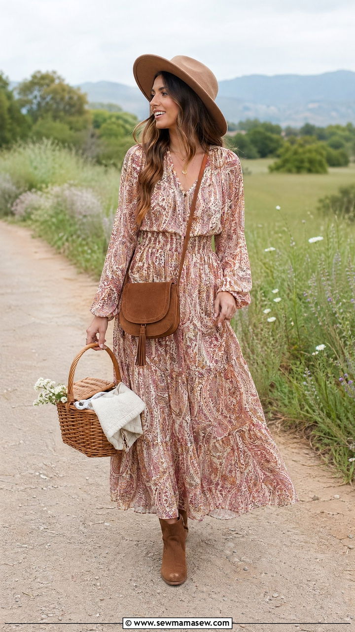 Boho Maxi Dress with Flat Ankle Boots - 35 What to wear for a spring picnic