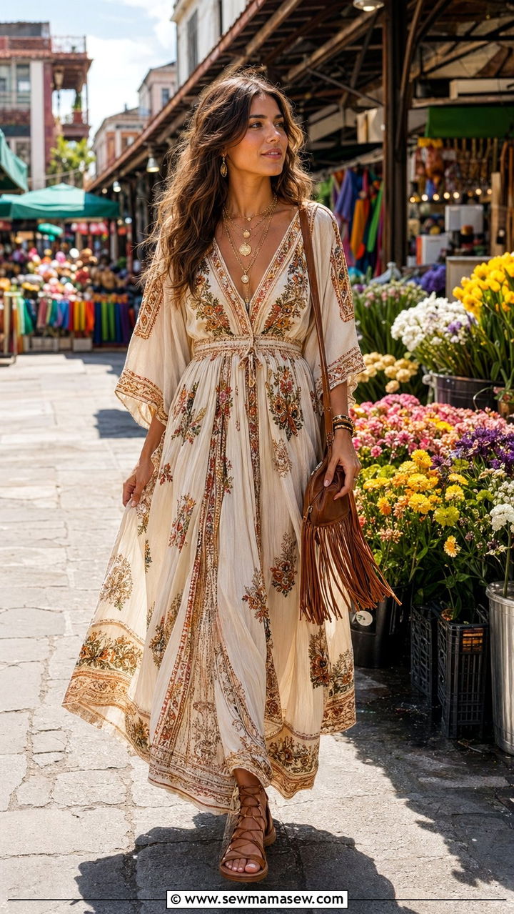 Boho Maxi Dress with Flat Gladiator Sandals - 35 New Orleans outfit ideas