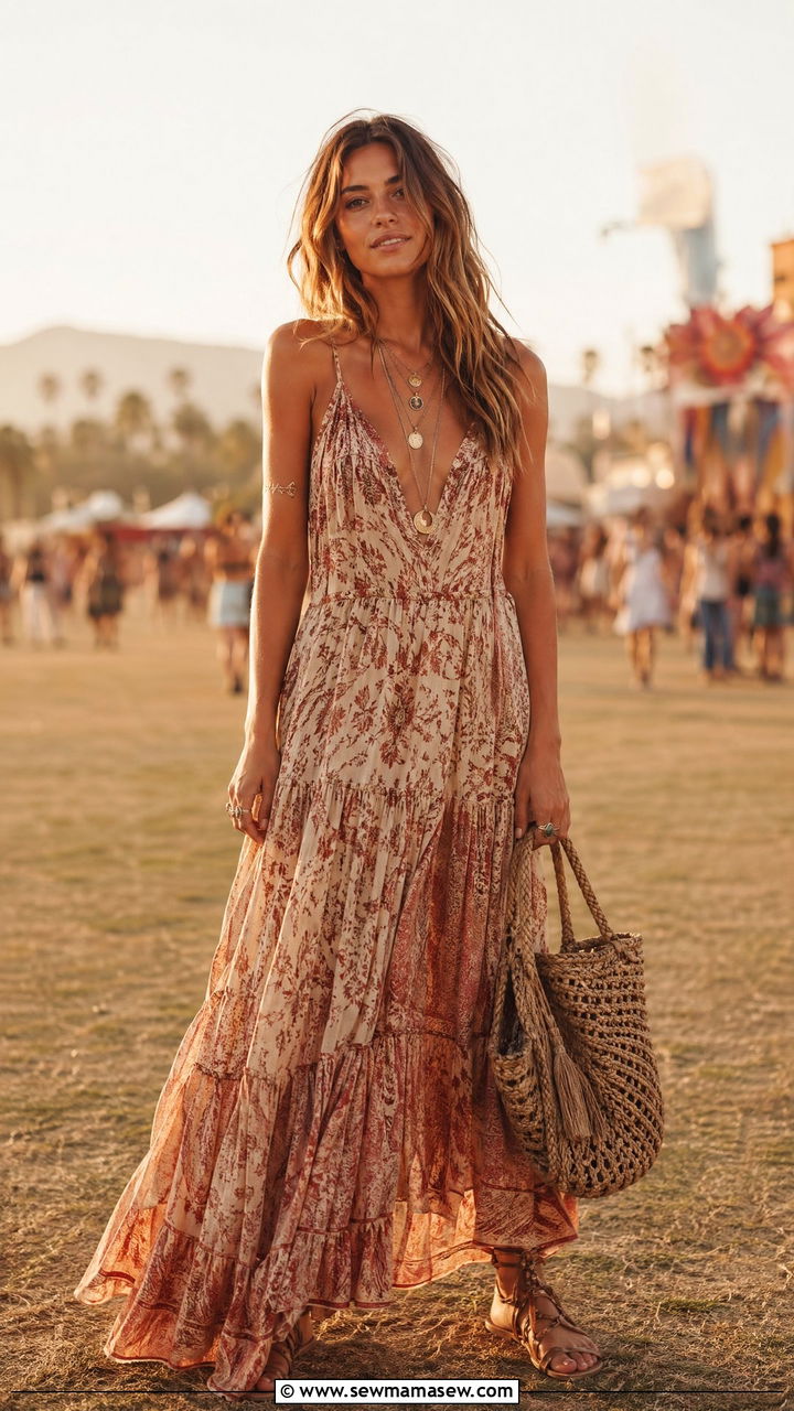 Boho Maxi Dress with Flat Sandals - 35 Summer music festival outfits