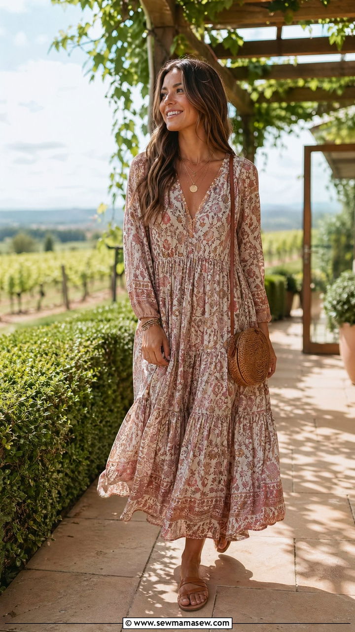 Boho Maxi Dress with Flat Sandals Spring Look - 35 spring baby shower outfit ideas